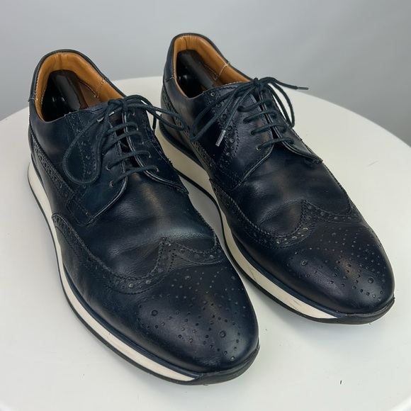 Massimo Dutti Men’s Navy Blue Napa Leather Oxford Shoes White Rubber Outsoles